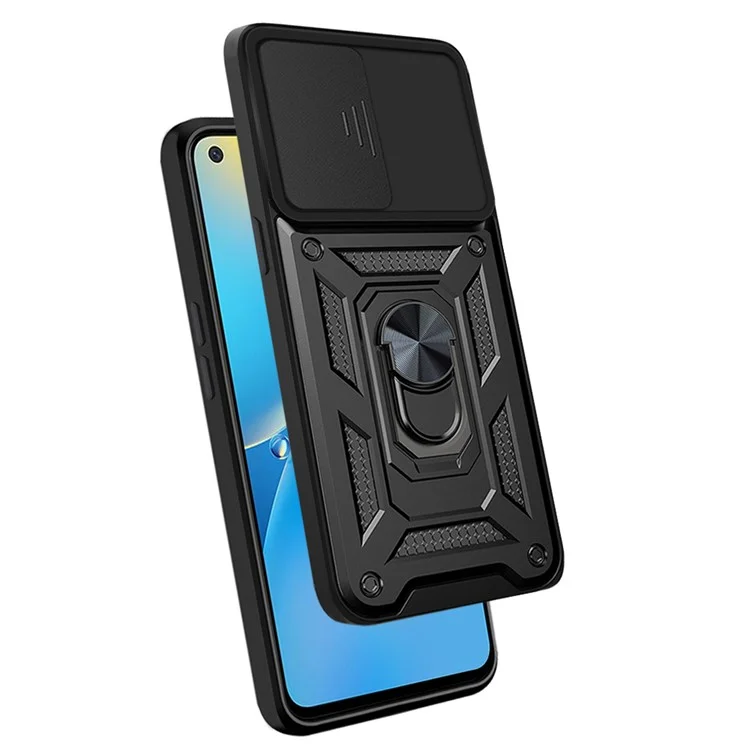 For Oppo A74 4G Camera Slide Cover Ring Holder Kickstand Shockproof PC + TPU Phone Case - Black-Cellmalls