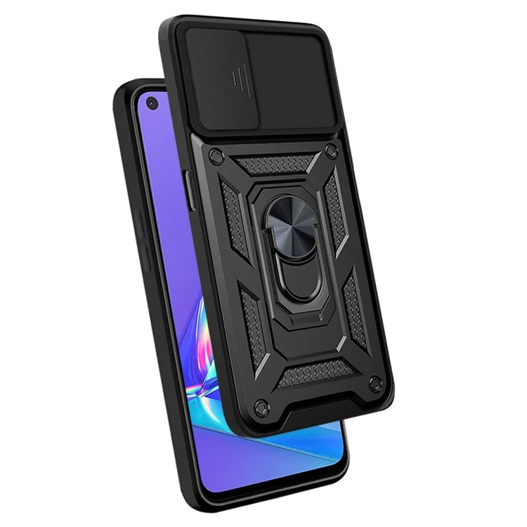 Ring Holder Kickstand Camera Slide Cover Design PC + TPU Phone Back Cover Case for OPPO A52/A72/A92 - Black-Cellmalls