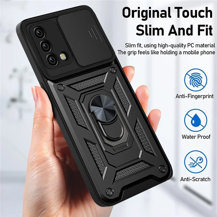 For Oppo A74 4G Camera Slide Cover Ring Holder Kickstand Shockproof PC + TPU Phone Case - Black-Cellmalls