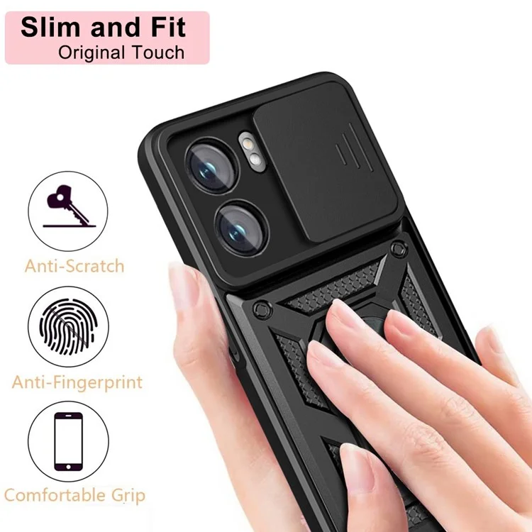 For Oppo A77 5G / A57 (2022) 5G Fall Prevention Cell Phone Shell Kickstand PC + TPU Hybrid Cover Slide Camera Protection Phone Case - Black-Cellmalls