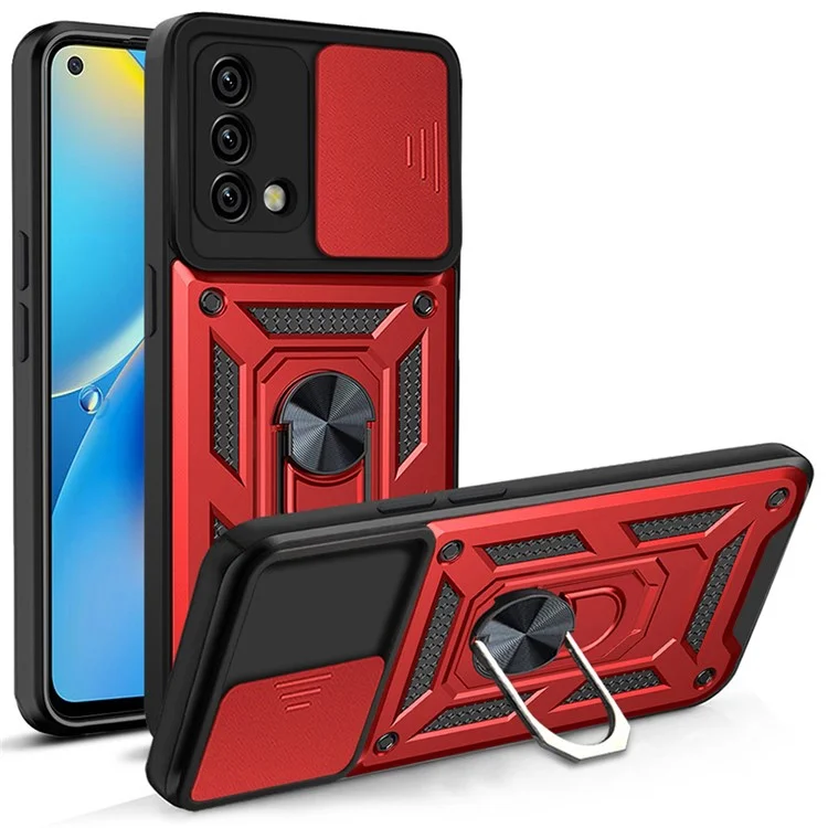 For Oppo A74 4G Camera Slide Cover Ring Holder Kickstand Shockproof PC + TPU Phone Case - Black-Cellmalls