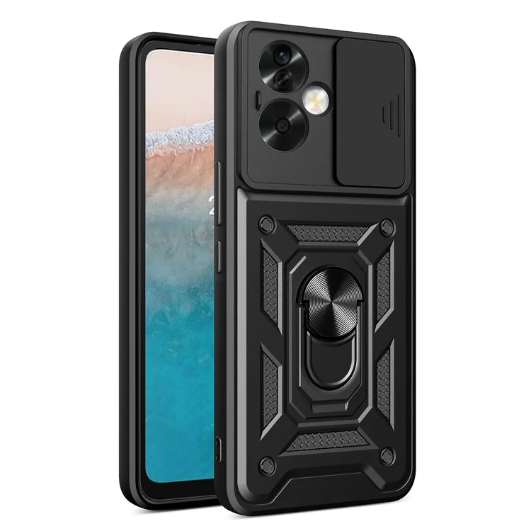 For Oppo A79 5G / A2 5G Case PC+TPU Ring Kickstand Back Cover with Slide Lens Window - Black-Cellmalls