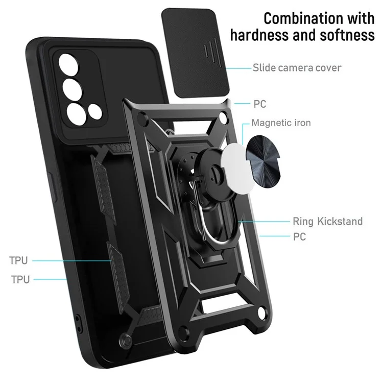 For Oppo A74 4G Camera Slide Cover Ring Holder Kickstand Shockproof PC + TPU Phone Case - Black-Cellmalls