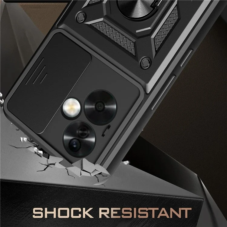 For Oppo A79 5G / A2 5G Case PC+TPU Ring Kickstand Back Cover with Slide Lens Window - Black-Cellmalls