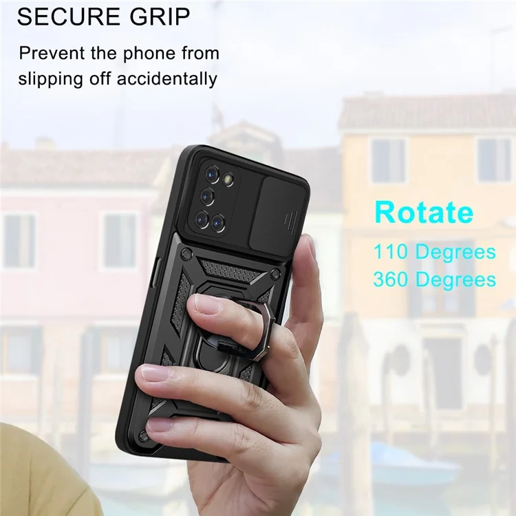 Ring Holder Kickstand Camera Slide Cover Design PC + TPU Phone Back Cover Case for OPPO A52/A72/A92 - Black-Cellmalls