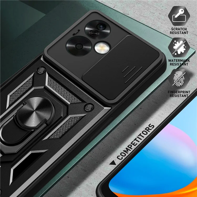 For Oppo A79 5G / A2 5G Case PC+TPU Ring Kickstand Back Cover with Slide Lens Window - Black-Cellmalls