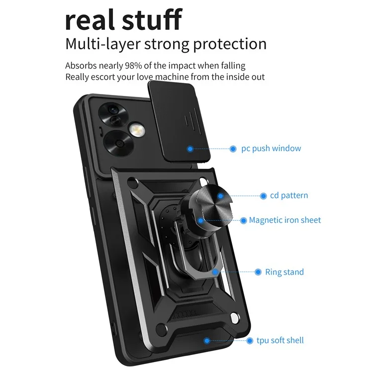 For Oppo A79 5G / A2 5G Case PC+TPU Ring Kickstand Back Cover with Slide Lens Window - Black-Cellmalls