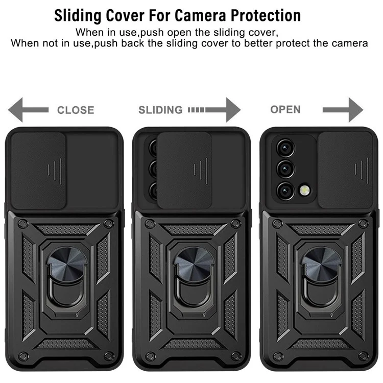 For Oppo A74 4G Camera Slide Cover Ring Holder Kickstand Shockproof PC + TPU Phone Case - Black-Cellmalls