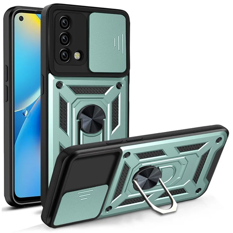 For Oppo A74 4G Camera Slide Cover Ring Holder Kickstand Shockproof PC + TPU Phone Case - Black-Cellmalls