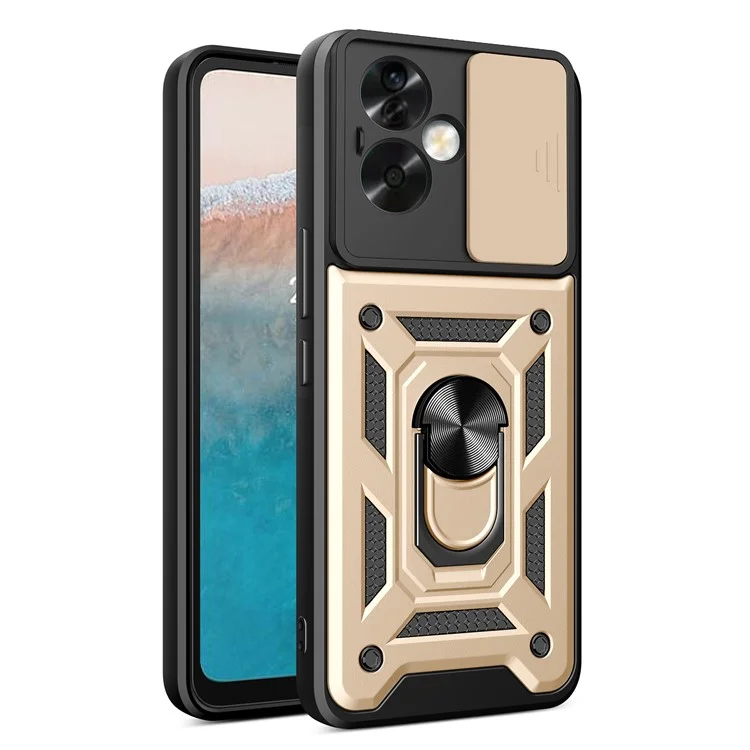 For Oppo A79 5G / A2 5G Case PC+TPU Ring Kickstand Back Cover with Slide Lens Window - Black-Cellmalls