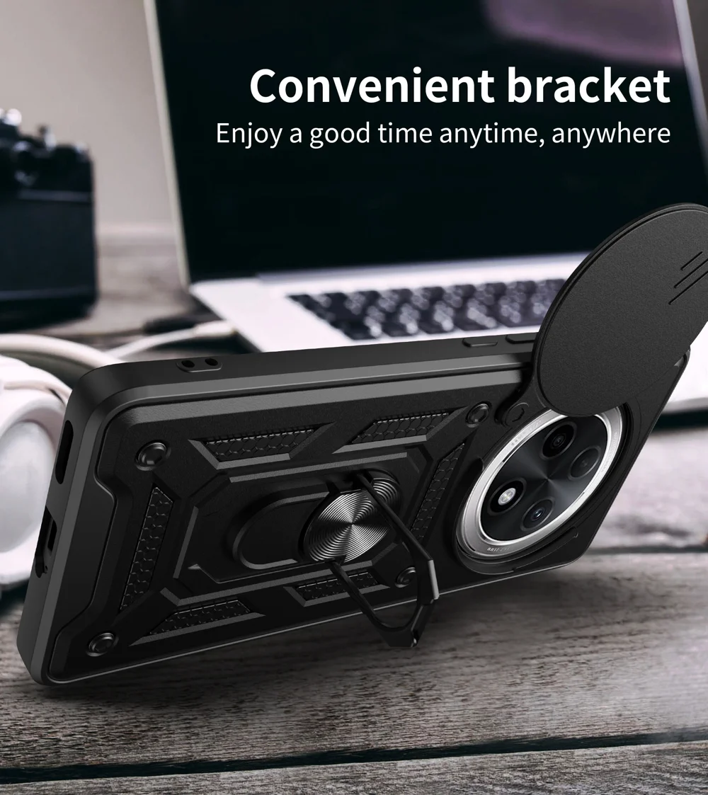 For Oppo F27 Pro 5G / F27 Pro+ 5G Case with Slide Camera Lid PC+TPU Kickstand Phone Cover - Black-Cellmalls