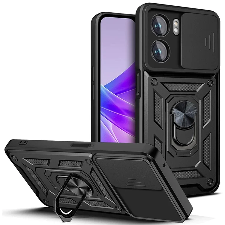 For Oppo A77 5G / A57 (2022) 5G Fall Prevention Cell Phone Shell Kickstand PC + TPU Hybrid Cover Slide Camera Protection Phone Case - Black-Cellmalls