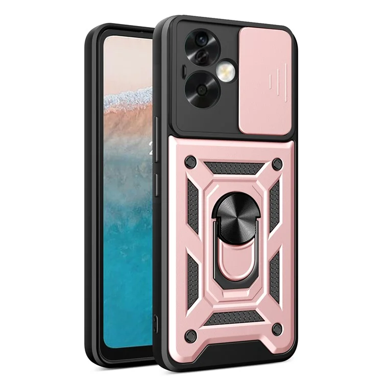 For Oppo A79 5G / A2 5G Case PC+TPU Ring Kickstand Back Cover with Slide Lens Window - Black-Cellmalls