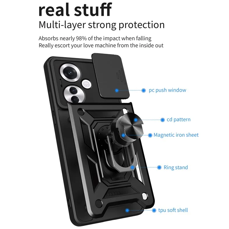 For Oppo Reno11 F 5G Case Slide Camera Cover PC+TPU Kickstand Phone Protector - Black-Cellmalls