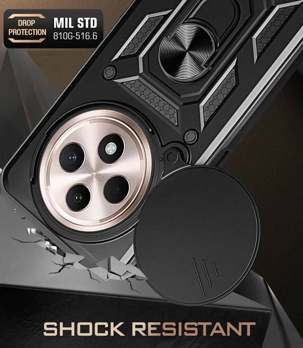 For Oppo Reno12 F 5G Case with Slide Camera Lid PC+TPU Kickstand Phone Cover - Black-Cellmalls