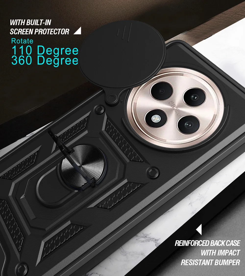 For Oppo Reno12 F 5G Case with Slide Camera Lid PC+TPU Kickstand Phone Cover - Black-Cellmalls