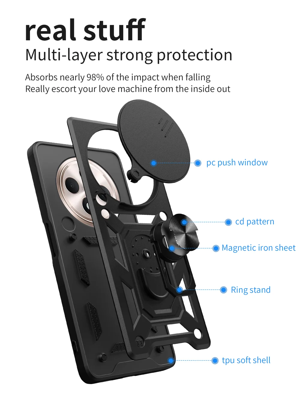 For Oppo Reno12 F 5G Case with Slide Camera Lid PC+TPU Kickstand Phone Cover - Black-Cellmalls