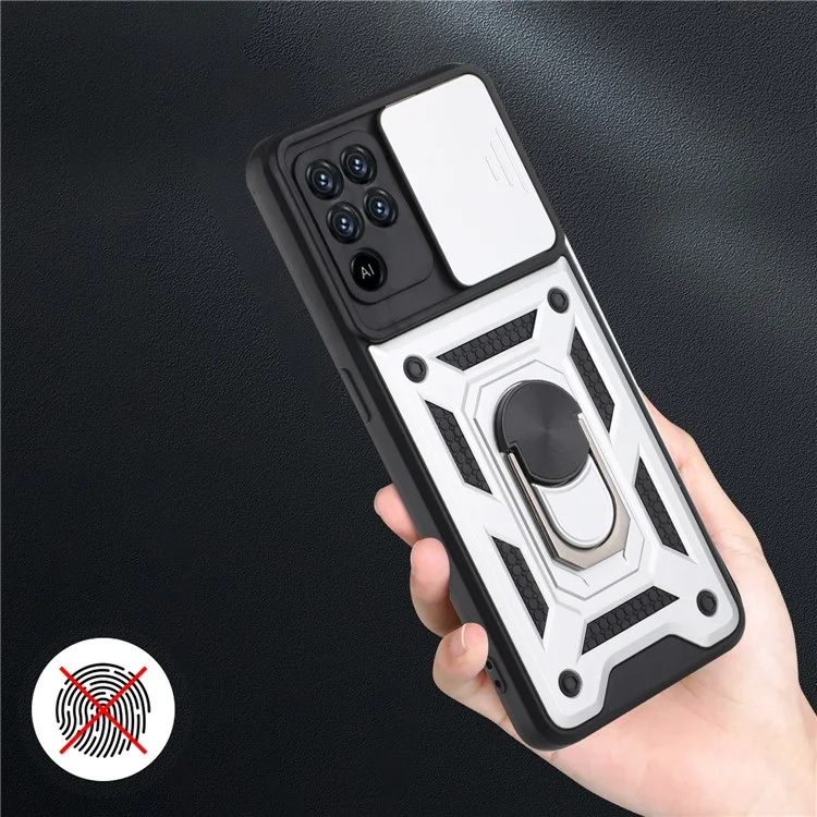 Camera Slide Phone Case with Kickstand Ring Holder for Oppo A94 4G / F19 Pro / Reno5 F - Silver-Cellmalls