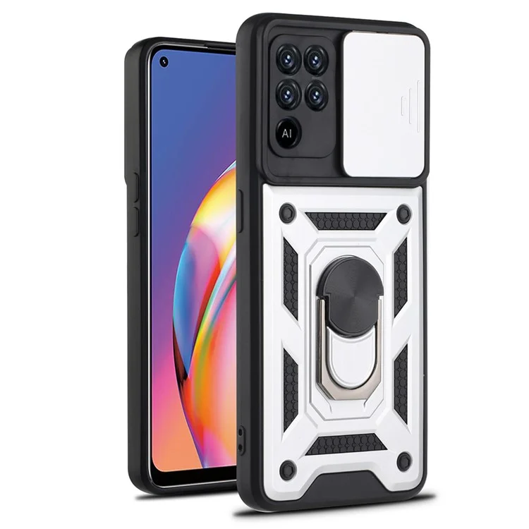 Camera Slide Phone Case with Kickstand Ring Holder for Oppo A94 4G / F19 Pro / Reno5 F - Silver-Cellmalls