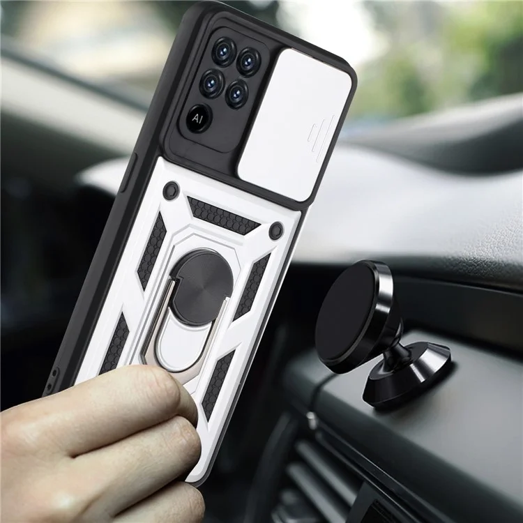 Camera Slide Phone Case with Kickstand Ring Holder for Oppo A94 4G / F19 Pro / Reno5 F - Silver-Cellmalls