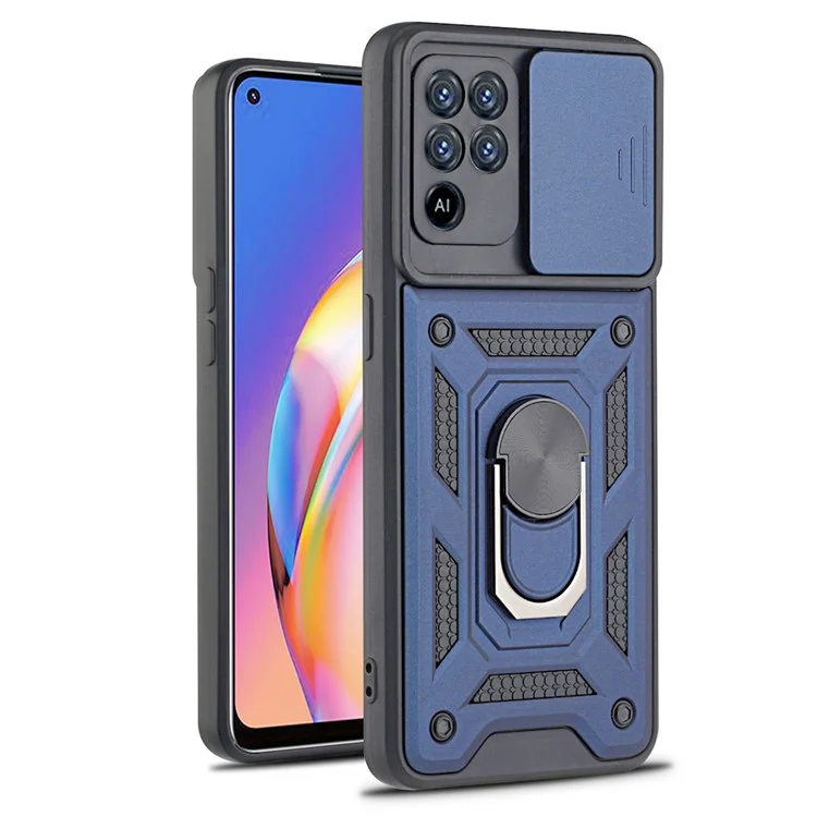 Camera Slide Phone Case with Kickstand Ring Holder for Oppo A94 4G / F19 Pro / Reno5 F - Silver-Cellmalls