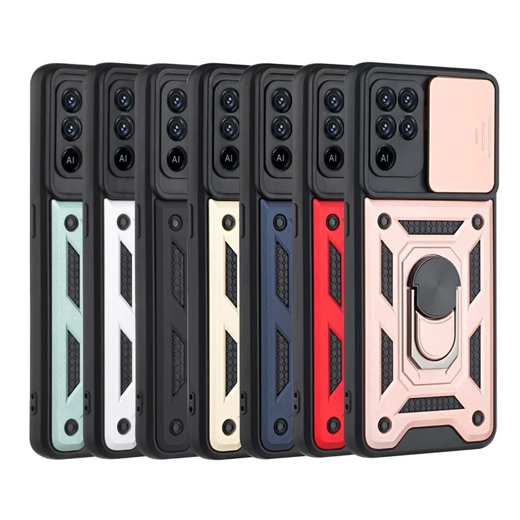 Camera Slide Phone Case with Kickstand Ring Holder for Oppo A94 4G / F19 Pro / Reno5 F - Silver-Cellmalls