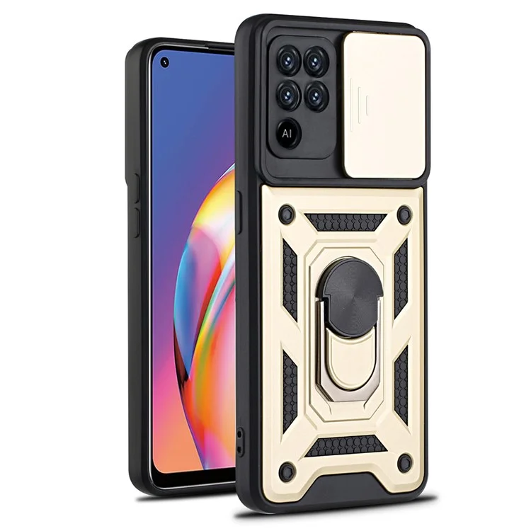 Camera Slide Phone Case with Kickstand Ring Holder for Oppo A94 4G / F19 Pro / Reno5 F - Silver-Cellmalls