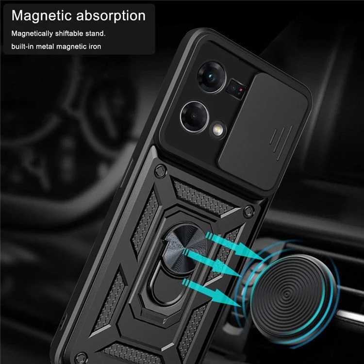 For Oppo Reno7 4G Anti-scratch Phone Cover Slide Camera Protection PC + TPU Ring Kickstand Cell Phone Case - Black-Cellmalls