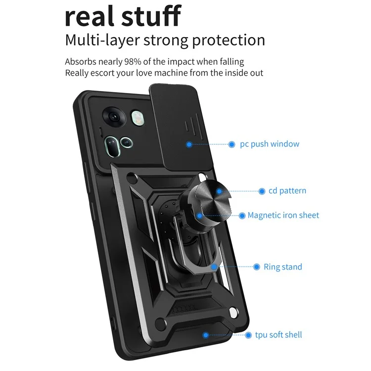 For Oppo Reno11 5G (Global) Case Kickstand PC+TPU Phone Shell with Slide Camera Cover - Black-Cellmalls