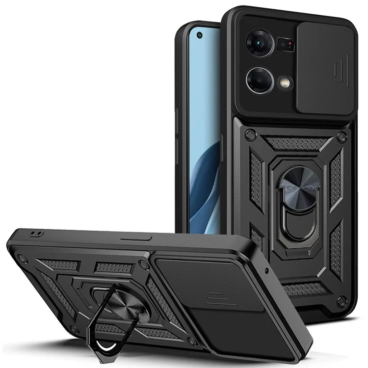 For Oppo Reno7 4G Anti-scratch Phone Cover Slide Camera Protection PC + TPU Ring Kickstand Cell Phone Case - Black-Cellmalls