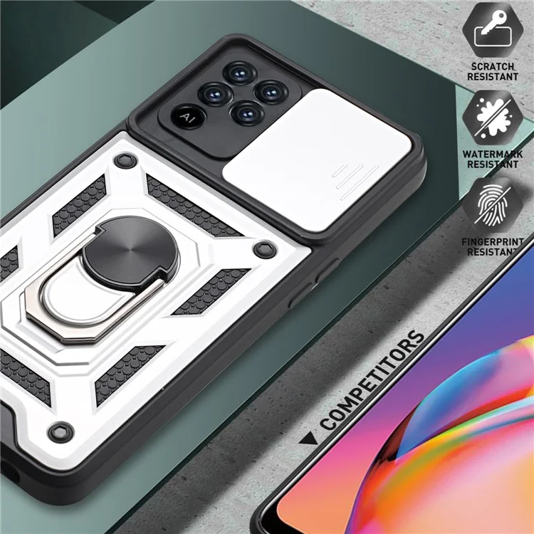 Camera Slide Phone Case with Kickstand Ring Holder for Oppo A94 4G / F19 Pro / Reno5 F - Silver-Cellmalls