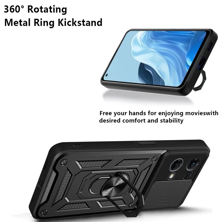 For Oppo Reno7 4G Anti-scratch Phone Cover Slide Camera Protection PC + TPU Ring Kickstand Cell Phone Case - Black-Cellmalls