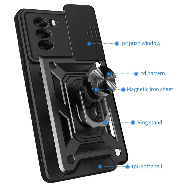 For Oppo Reno12 Pro 5G (Global) Case with Slide Camera Lid PC+TPU Kickstand Phone Cover - Black-Cellmalls