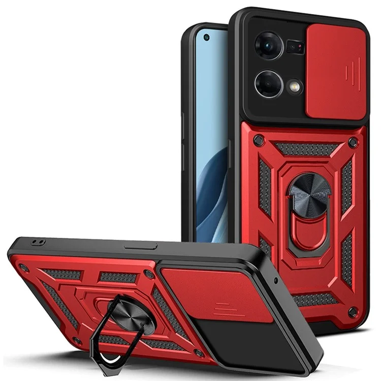 For Oppo Reno7 4G Anti-scratch Phone Cover Slide Camera Protection PC + TPU Ring Kickstand Cell Phone Case - Black-Cellmalls