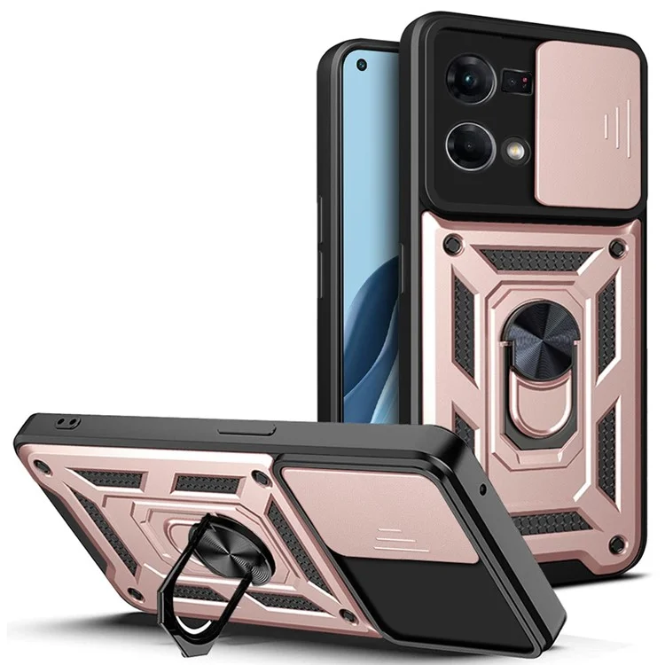 For Oppo Reno7 4G Anti-scratch Phone Cover Slide Camera Protection PC + TPU Ring Kickstand Cell Phone Case - Black-Cellmalls