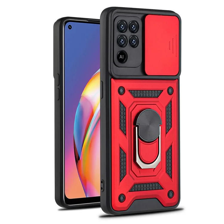 Camera Slide Phone Case with Kickstand Ring Holder for Oppo A94 4G / F19 Pro / Reno5 F - Silver-Cellmalls