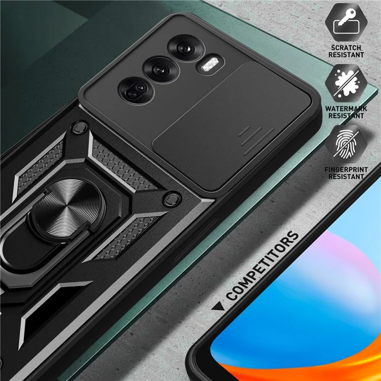 For Oppo Reno12 Pro 5G (Global) Case with Slide Camera Lid PC+TPU Kickstand Phone Cover - Black-Cellmalls