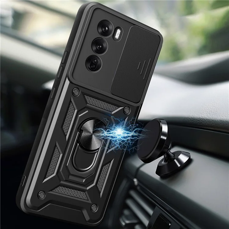 For Oppo Reno12 Pro 5G (Global) Case with Slide Camera Lid PC+TPU Kickstand Phone Cover - Black-Cellmalls