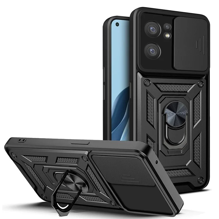 For Oppo Reno7 5G (Global) Protective Case Ring Magnetic Kickstand PC + TPU Dual Layer Shock Absorption Phone Protector with Camera Anti-Scratch Slide Cover - Black-Cellmalls