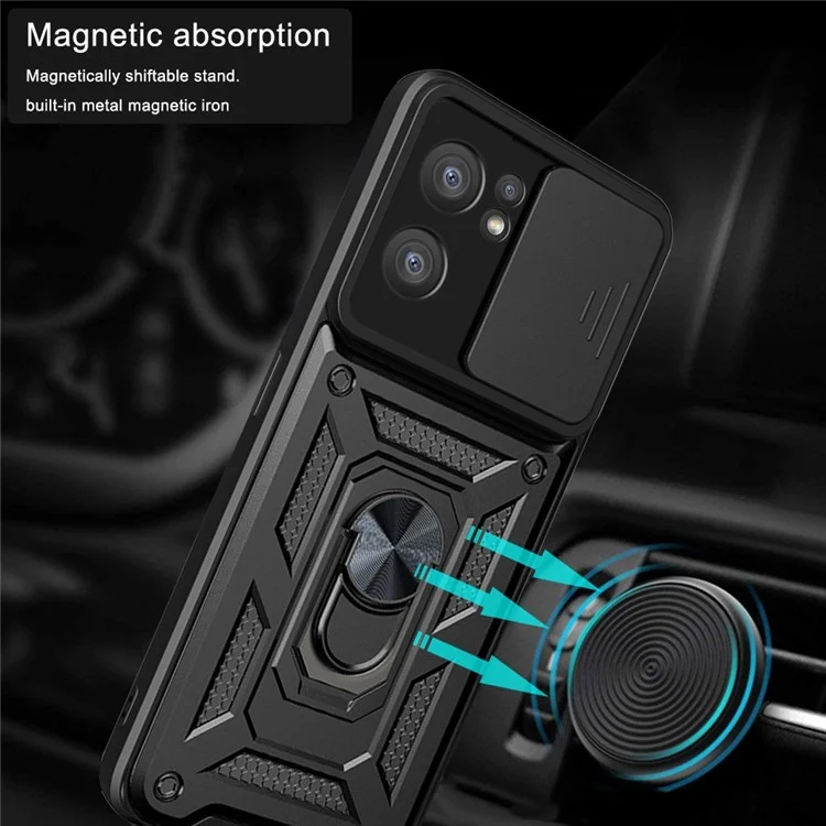 For Oppo Reno7 5G (Global) Protective Case Ring Magnetic Kickstand PC + TPU Dual Layer Shock Absorption Phone Protector with Camera Anti-Scratch Slide Cover - Black-Cellmalls