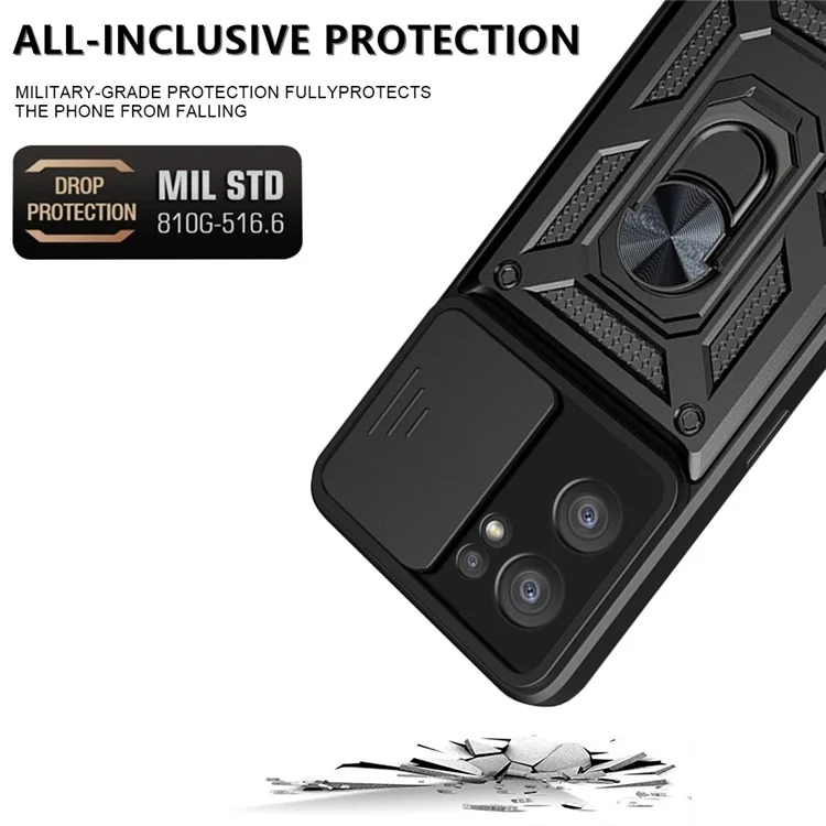 For Oppo Reno7 5G (Global) Protective Case Ring Magnetic Kickstand PC + TPU Dual Layer Shock Absorption Phone Protector with Camera Anti-Scratch Slide Cover - Black-Cellmalls
