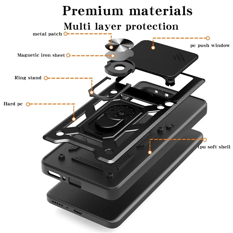 For Oppo F29 Pro 5G (Global) / A5 Pro 5G (China) Case with Slide Camera Lid PC + TPU Kickstand Phone Cover - Black-Cellmalls