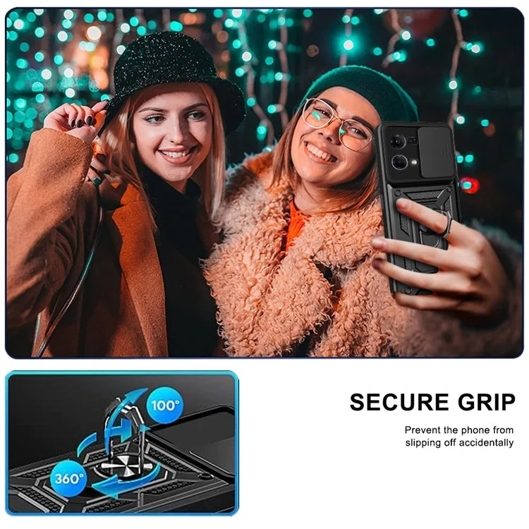 For Oppo Reno7 4G Anti-scratch Phone Cover Slide Camera Protection PC + TPU Ring Kickstand Cell Phone Case - Black-Cellmalls