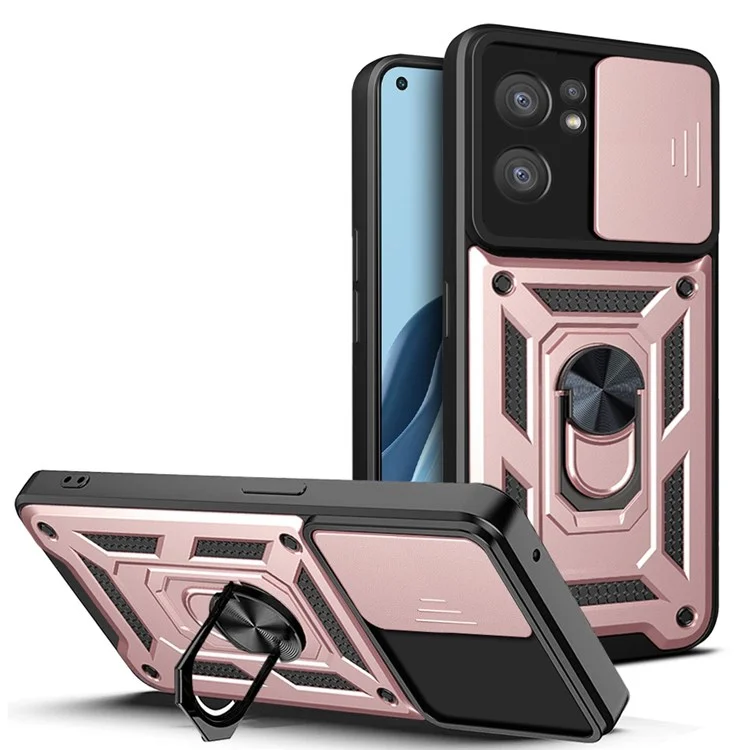 For Oppo Reno7 5G (Global) Protective Case Ring Magnetic Kickstand PC + TPU Dual Layer Shock Absorption Phone Protector with Camera Anti-Scratch Slide Cover - Black-Cellmalls