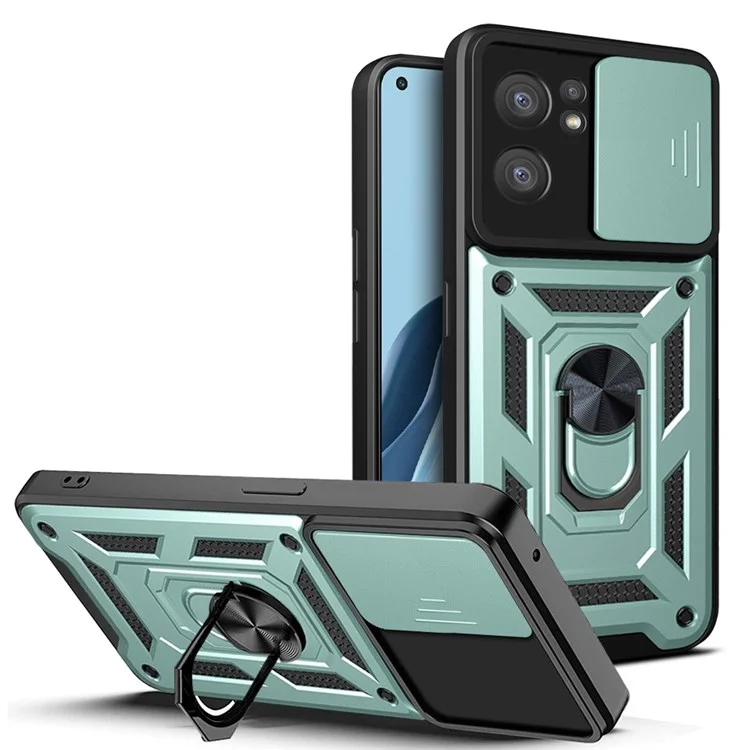 For Oppo Reno7 5G (Global) Protective Case Ring Magnetic Kickstand PC + TPU Dual Layer Shock Absorption Phone Protector with Camera Anti-Scratch Slide Cover - Black-Cellmalls