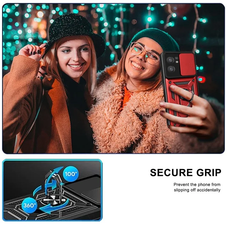 For Oppo Reno7 5G (Global) Protective Case Ring Magnetic Kickstand PC + TPU Dual Layer Shock Absorption Phone Protector with Camera Anti-Scratch Slide Cover - Black-Cellmalls