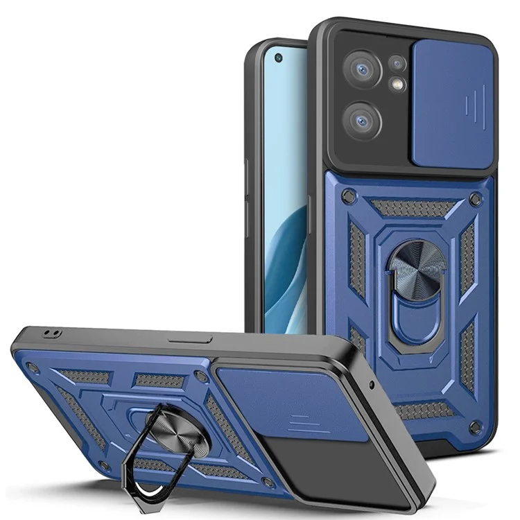 For Oppo Reno7 5G (Global) Protective Case Ring Magnetic Kickstand PC + TPU Dual Layer Shock Absorption Phone Protector with Camera Anti-Scratch Slide Cover - Black-Cellmalls