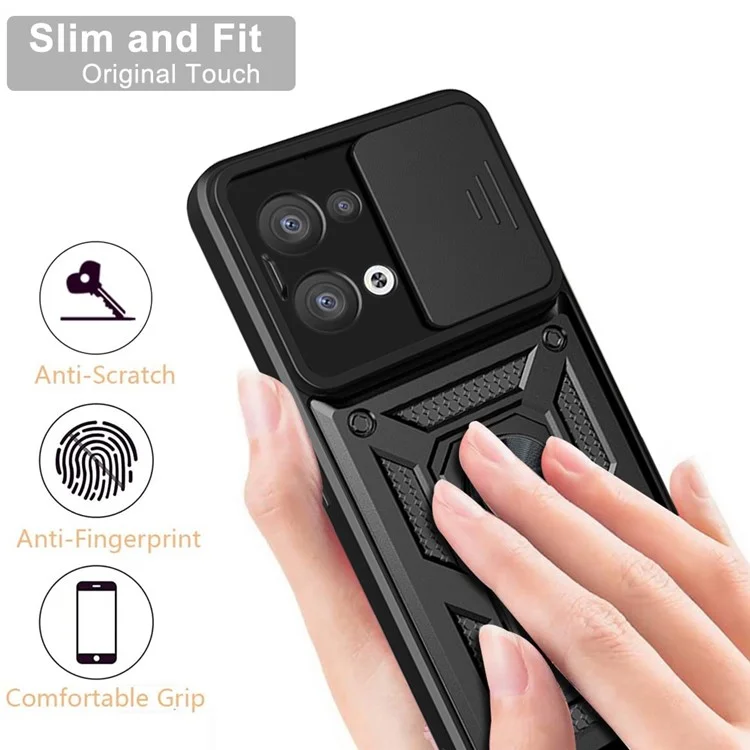 For Oppo Reno8 5G (Global Version) Ring Kickstand PC+TPU Hybrid Cover Slide Lid Camera Protection Drop-proof Phone Case - Black-Cellmalls