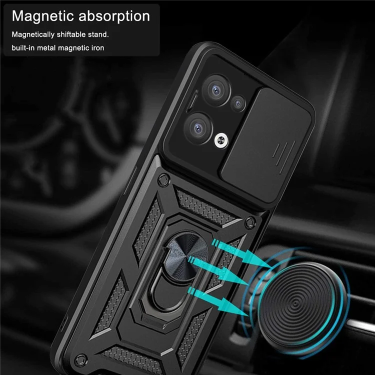 For Oppo Reno8 5G (Global Version) Ring Kickstand PC+TPU Hybrid Cover Slide Lid Camera Protection Drop-proof Phone Case - Black-Cellmalls