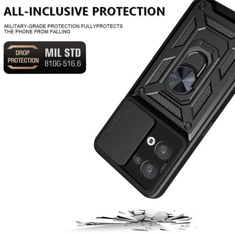For Oppo Reno8 5G (Global Version) Ring Kickstand PC+TPU Hybrid Cover Slide Lid Camera Protection Drop-proof Phone Case - Black-Cellmalls